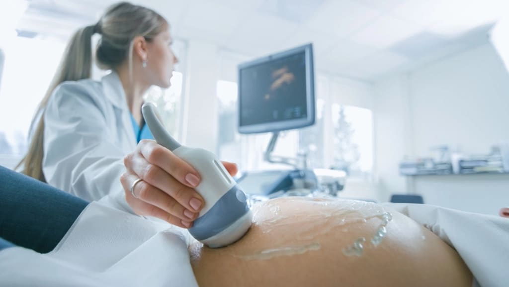 Ultrasound Technologist Performing A Fetal Ultrasound With Computer
