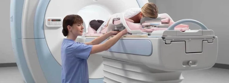 MRI Technologist Adjusts Breast MRI