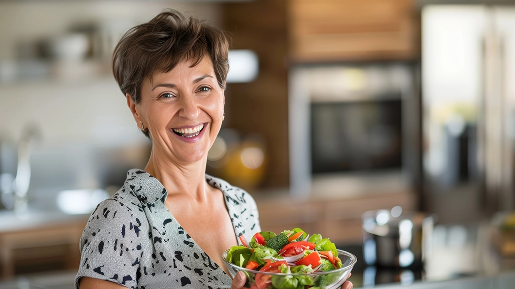 Happy Woman Eating Healthy Diet To Support Breast Health